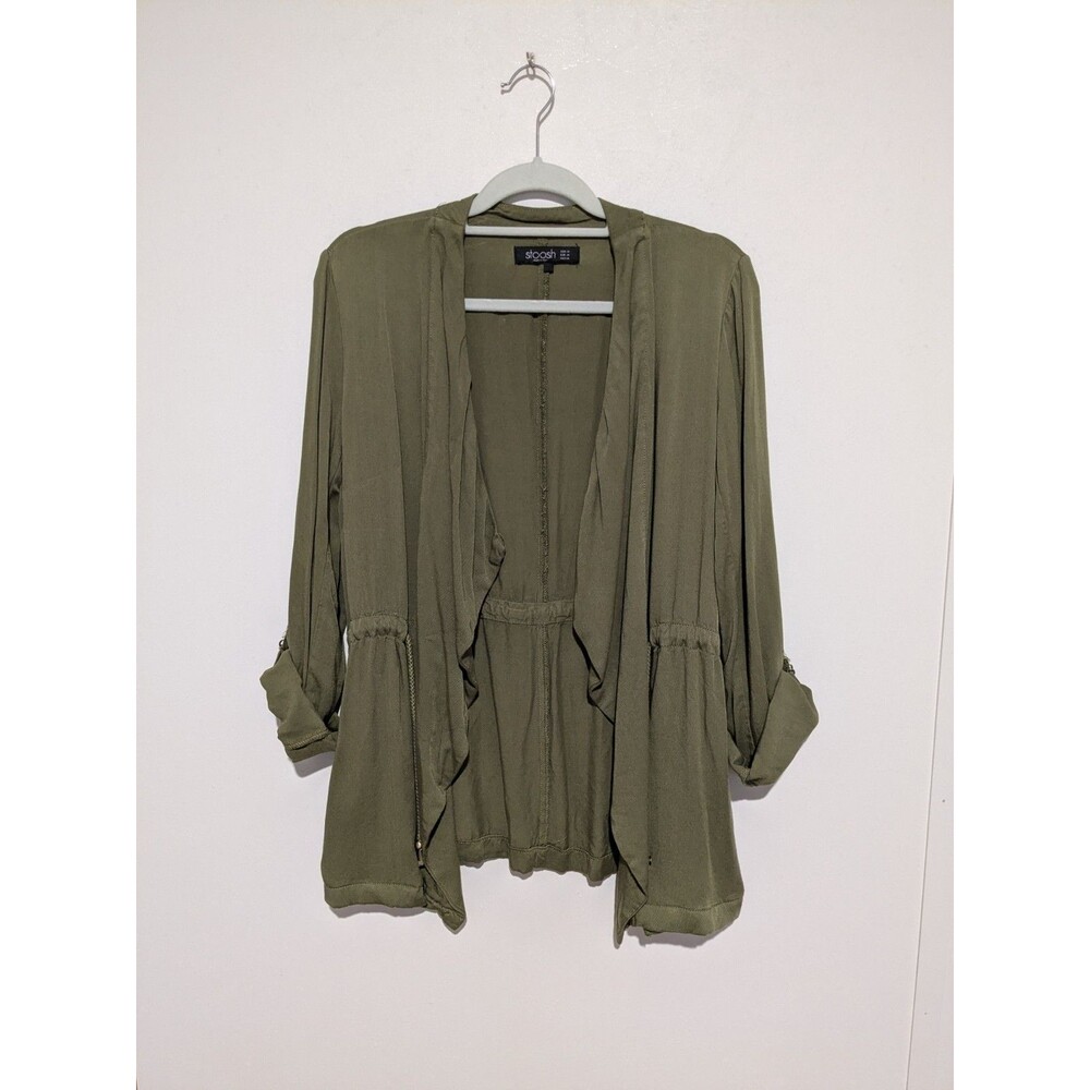 Stoosh Women's Jacket Topper M Olive Green Pockets Cinched Waist Roll Tab Sleeve